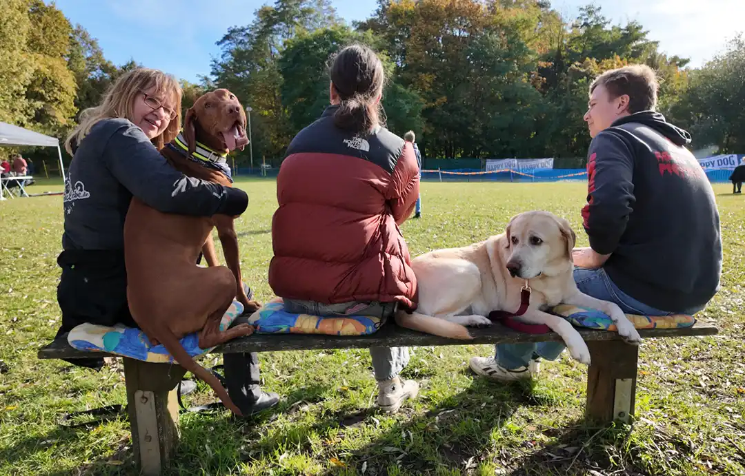 Gabi mit Tommy beim Hunderennen im Gepräch mit anderen Hundehaltern